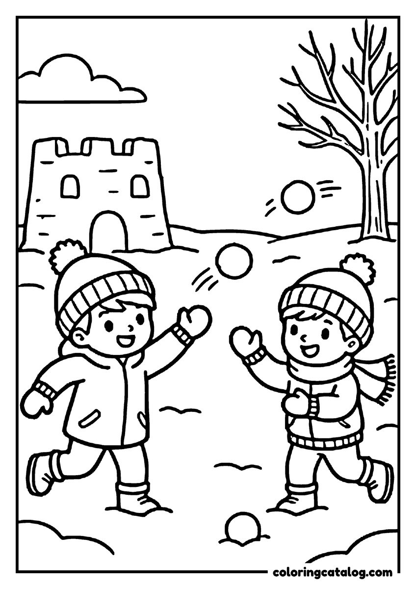 Coloring page: Two children in knitted hats having a snowball fight in the schoolyard