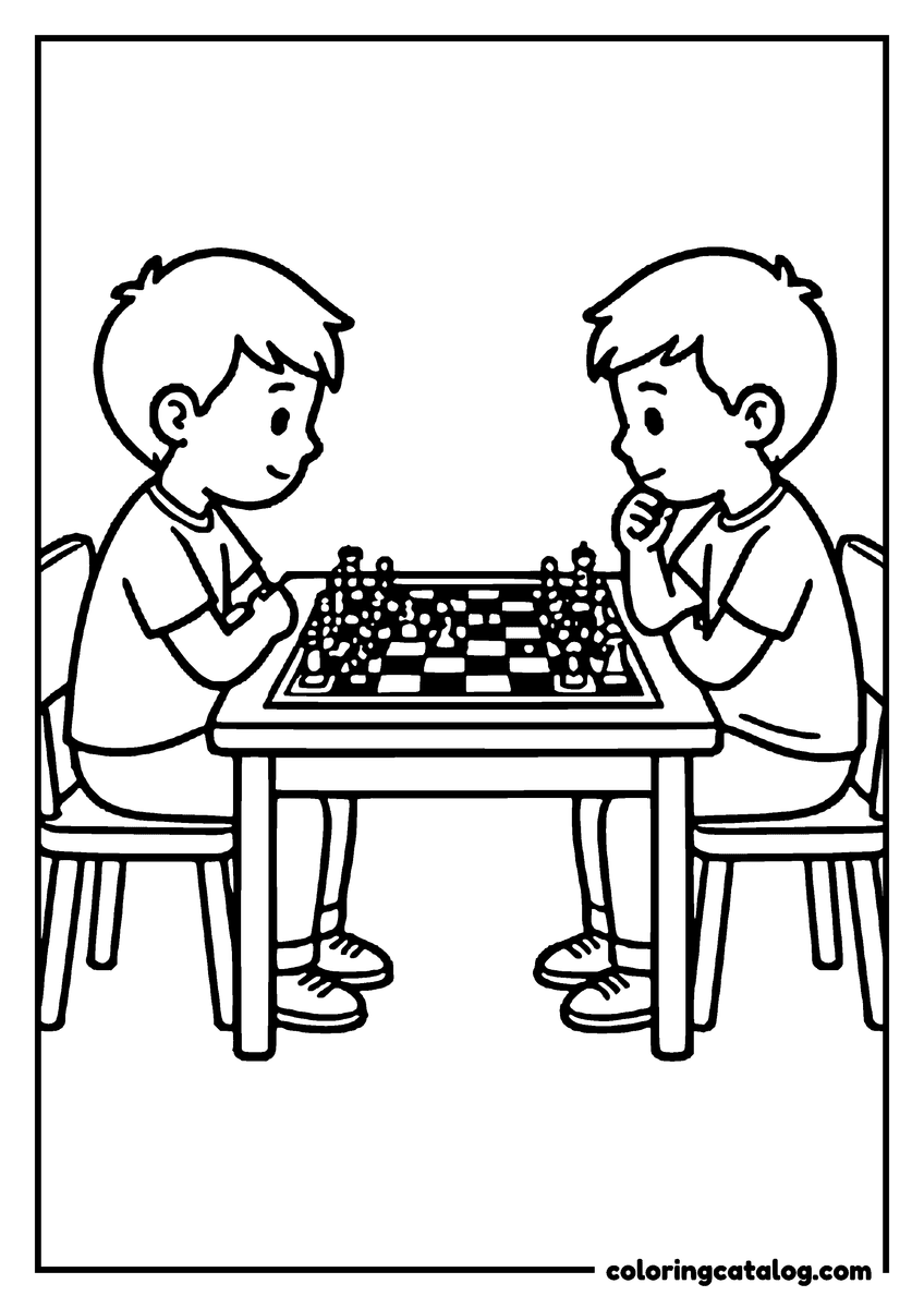 Free School coloring sheet: Two children playing chess at a small table