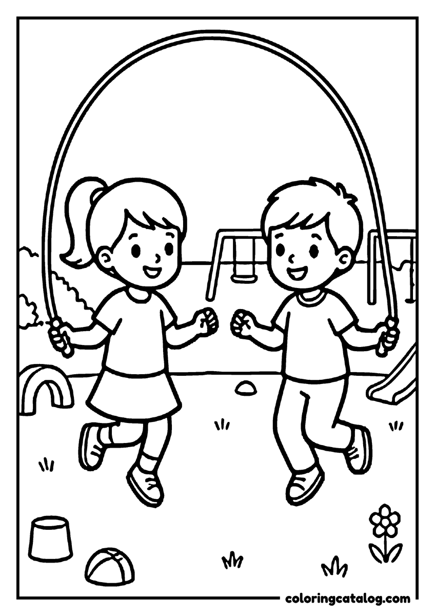 Printable School coloring page: Two children skipping rope in the playground at recess