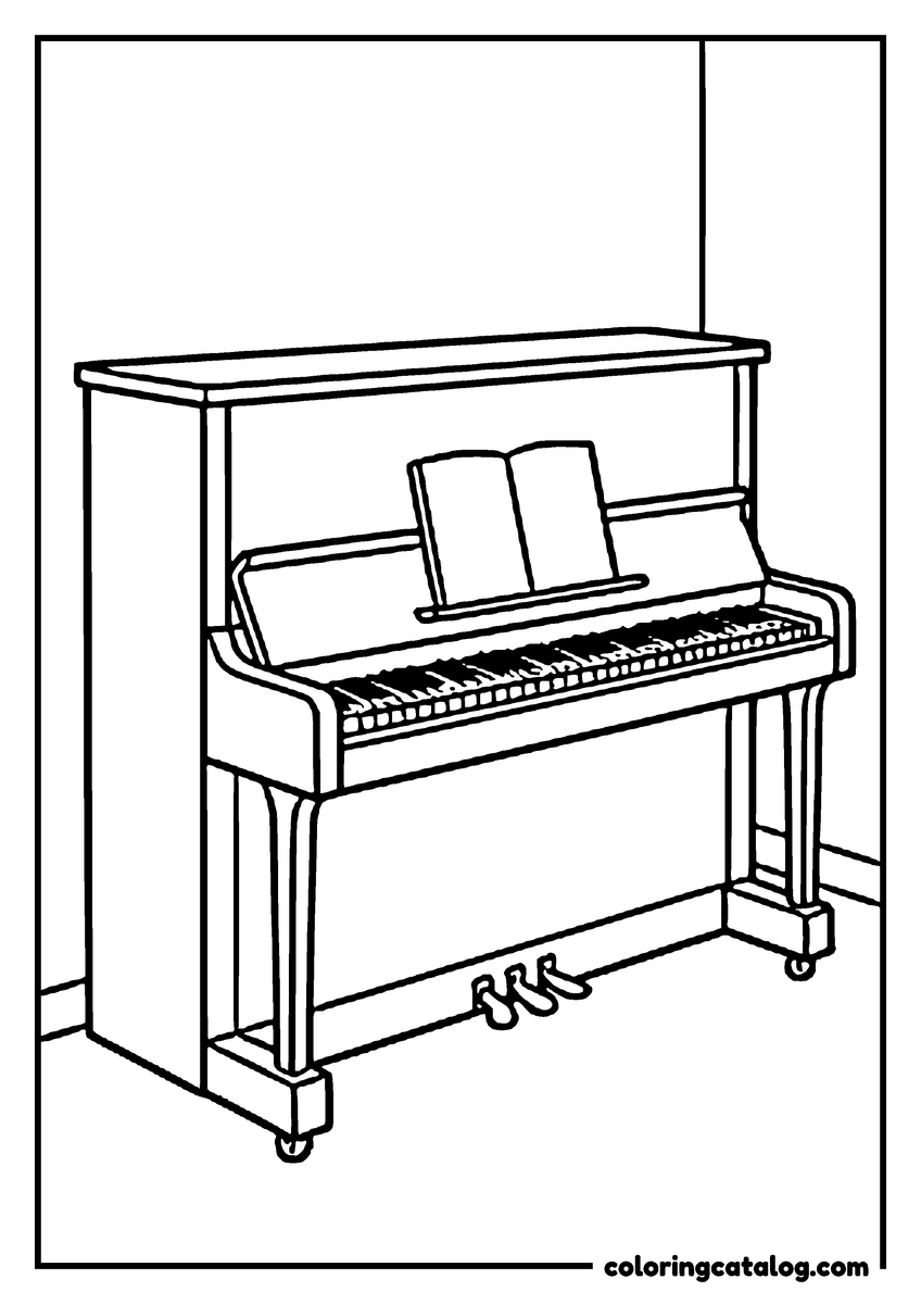 Coloring page: An upright piano with an open songbook in the school music room