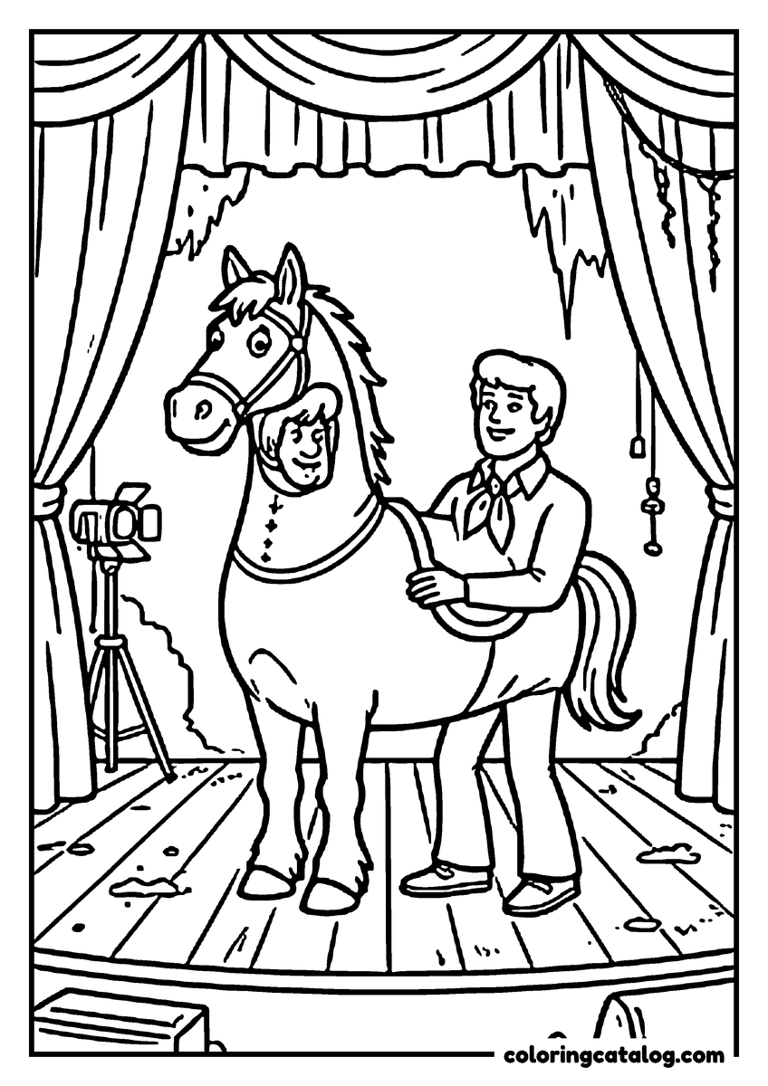 Free printable coloring sheet: Fred standing beside Shaggy and Scooby-Doo disguised in a horse costume on a theater stage