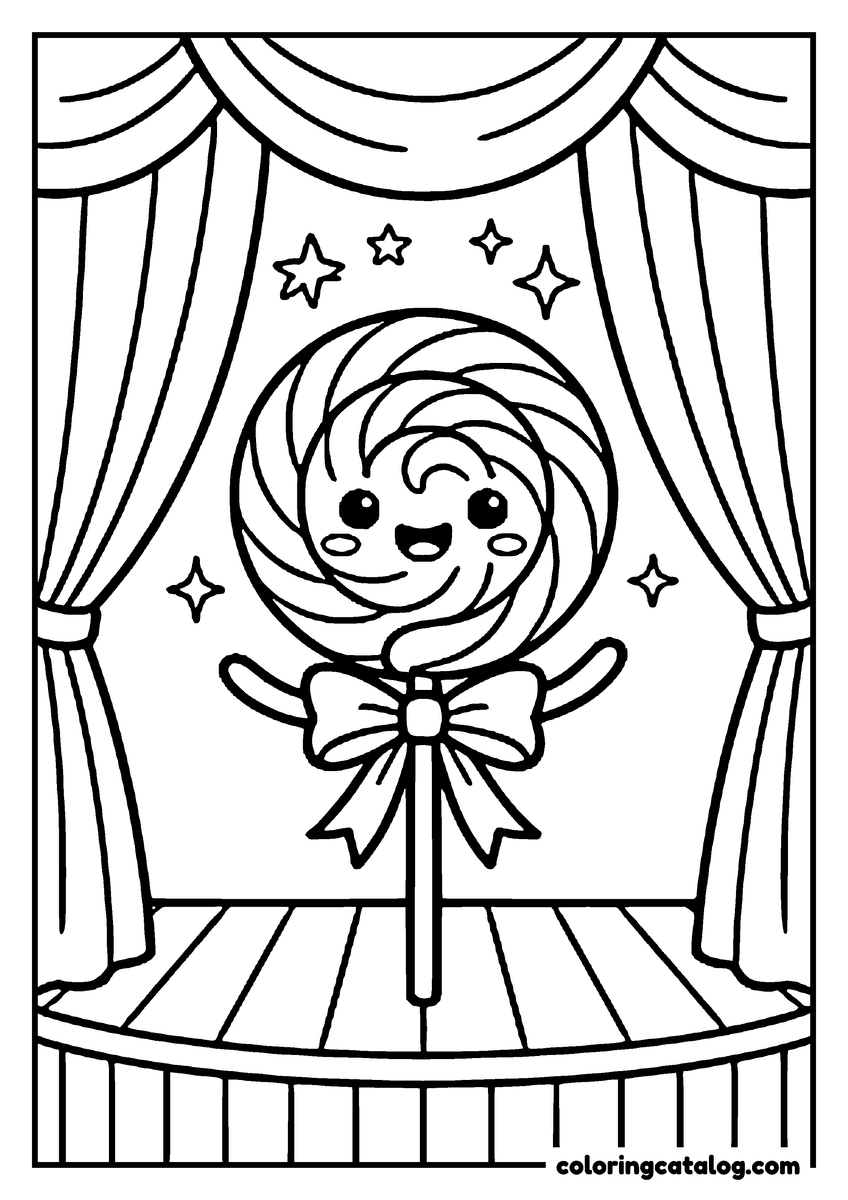 Printable Shopkins coloring page: A swirly lollipop character with a bow performing on a stage between curtains