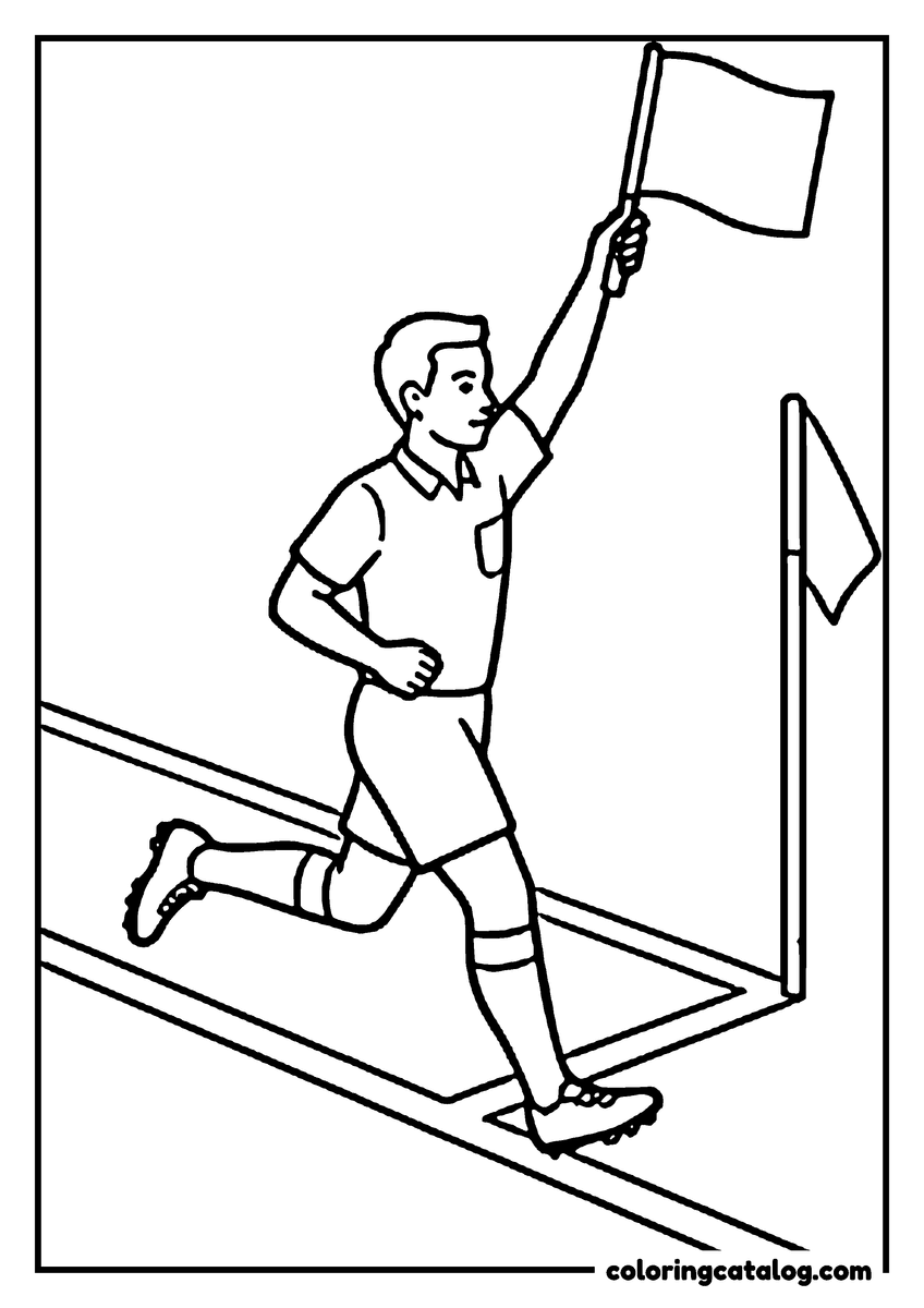 Free Soccer coloring sheet: An assistant referee running along the touchline with his flag raised high, the corner flag behind
