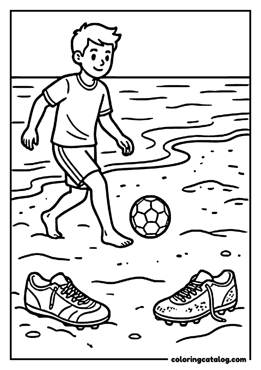 Printable coloring page: A barefoot boy dribbling a ball across wet sand at the water's edge, two soccer boots set down as goal posts