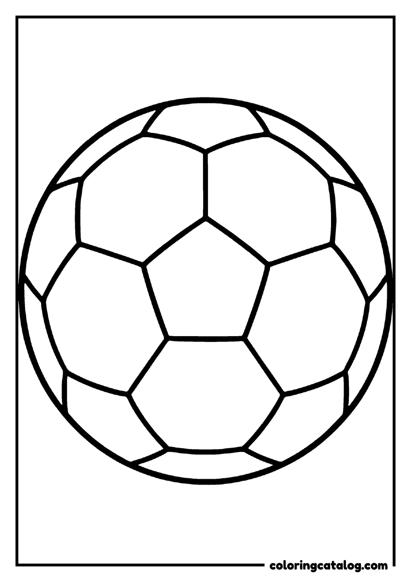 Coloring page: A single soccer ball filling the page, its hexagon and pentagon panels drawn as large open shapes