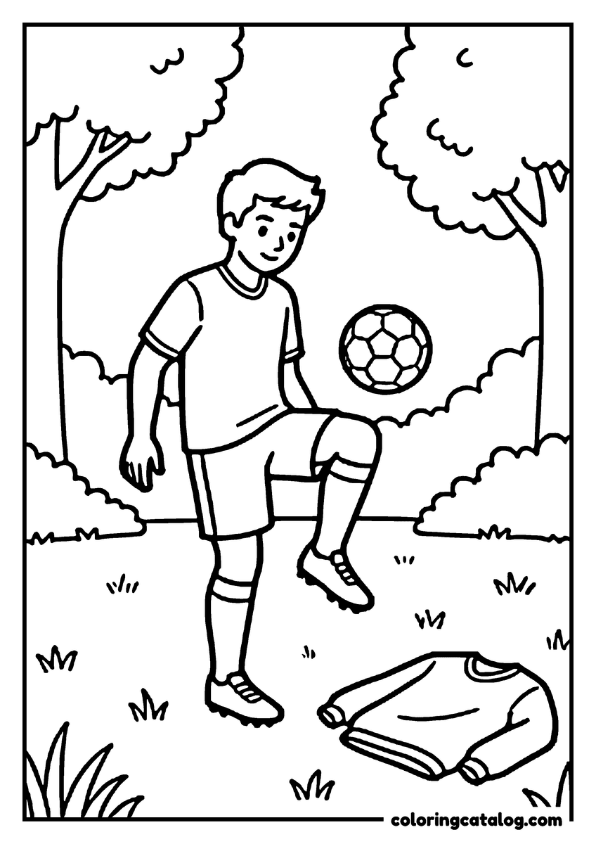 Printable coloring page: A boy juggling a soccer ball on his knee in a park, a folded sweater on the grass marking a goal post