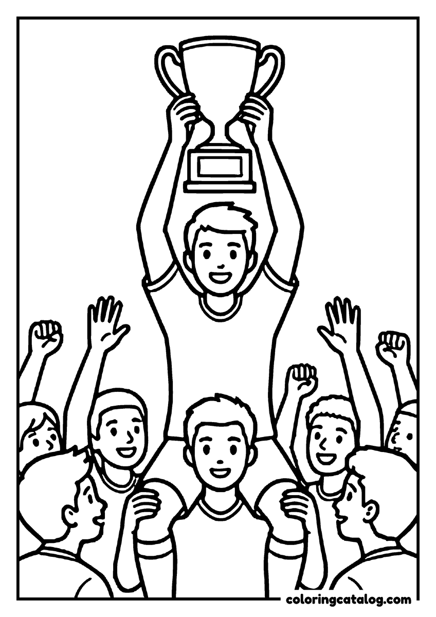 Soccer coloring page: A smiling player lifting a trophy high above his head while his cheering teammates crowd around him