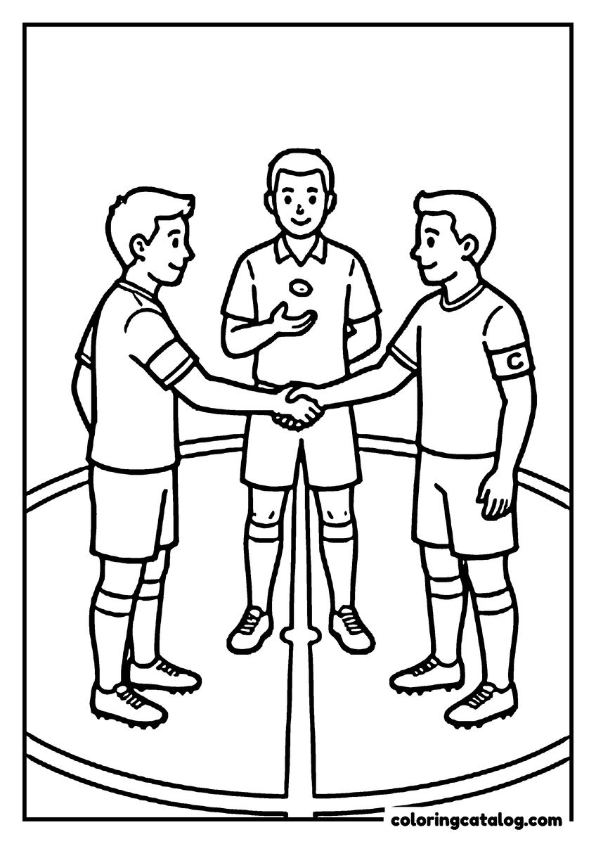 Free Soccer coloring sheet: Two captains, one in an armband, shaking hands in the center circle beside the referee before the coin toss