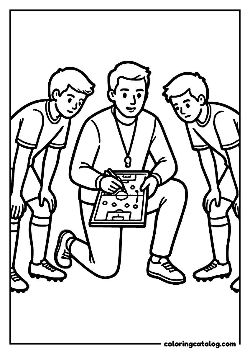 Free Soccer coloring sheet: A coach kneeling with a whistle round his neck, drawing on a tactics board while three players lean in to watch