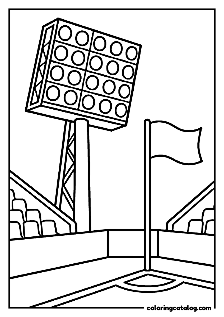 Printable coloring page: A tall floodlight tower rising above the corner of a soccer ground, a flag on its pole beside the stand