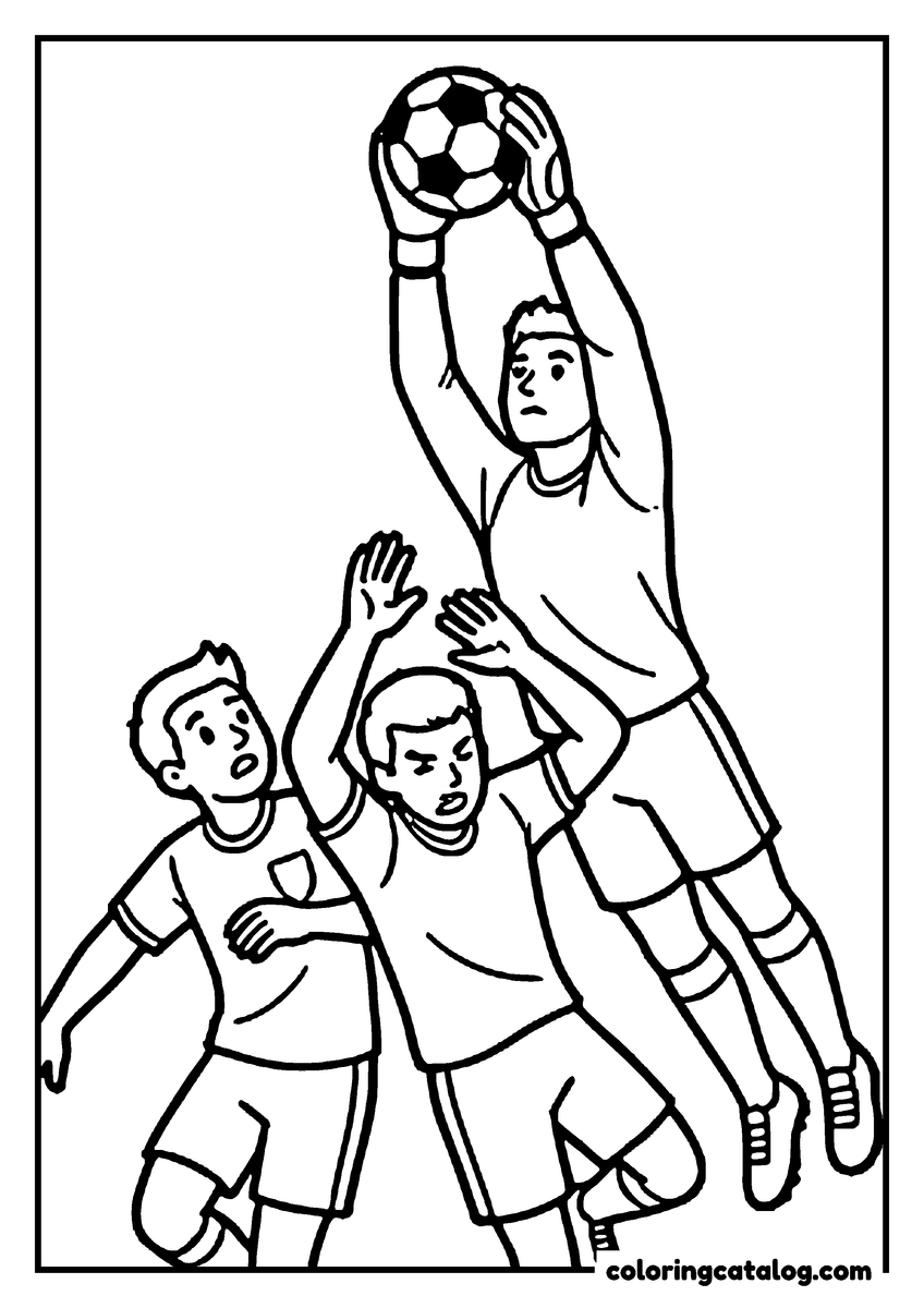 Soccer coloring page: A goalkeeper leaping above two players to catch a high ball in both gloves