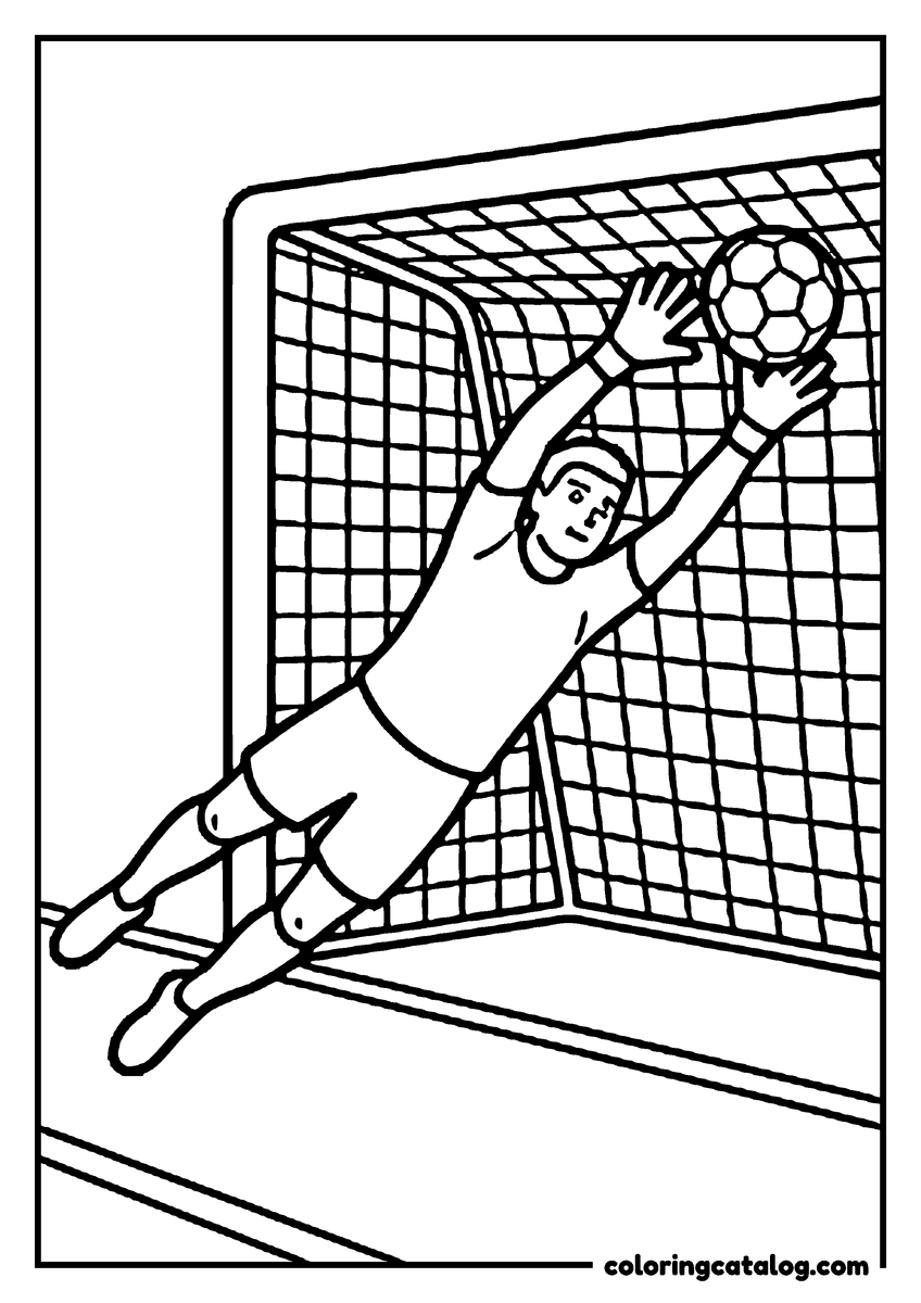 Soccer coloring page: A goalkeeper flying full stretch across the goal to push the ball away with his gloves, the net wide open behind him