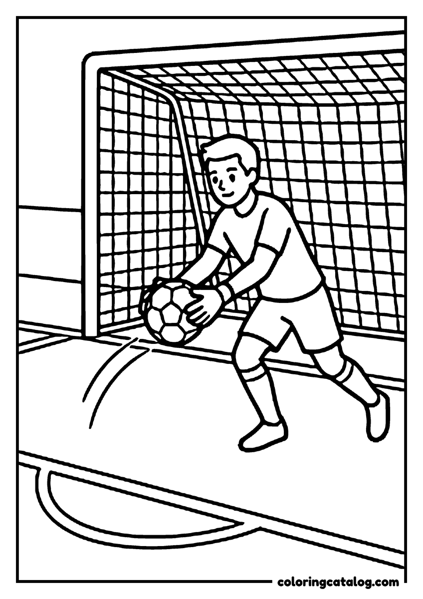 Printable Soccer coloring page: A goalkeeper in gloves bending to roll the ball out from the edge of his box, the goal behind him