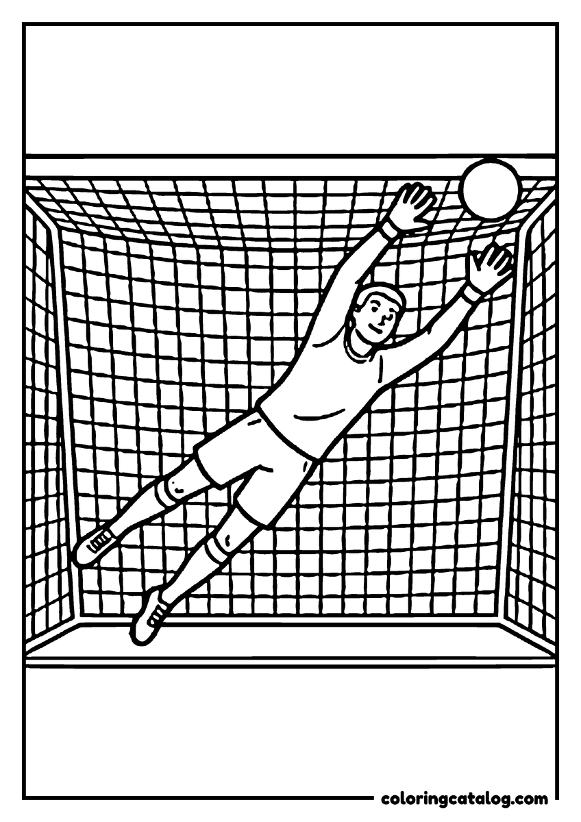 Printable Soccer coloring page: A goalkeeper diving up toward the top corner to tip the ball over the crossbar, the goal filling the page