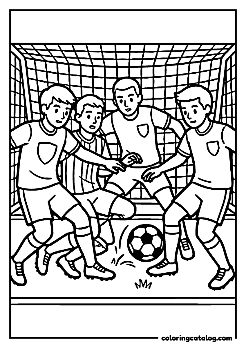 Free Soccer coloring sheet: Four players tangled together in front of the goal as the ball bounces loose on the line