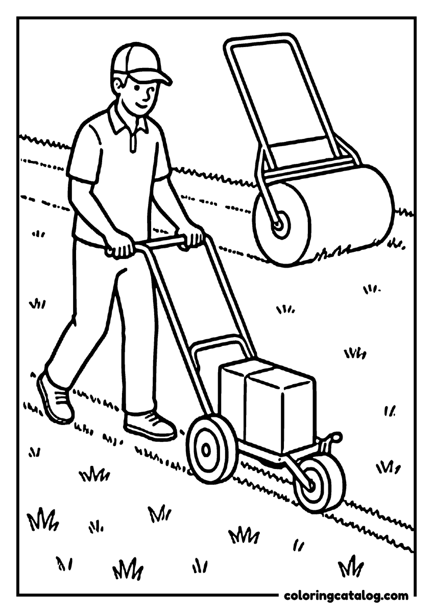 Soccer coloring page: A groundsman in a cap pushing a wheeled line marker across the grass, a heavy roller parked behind him