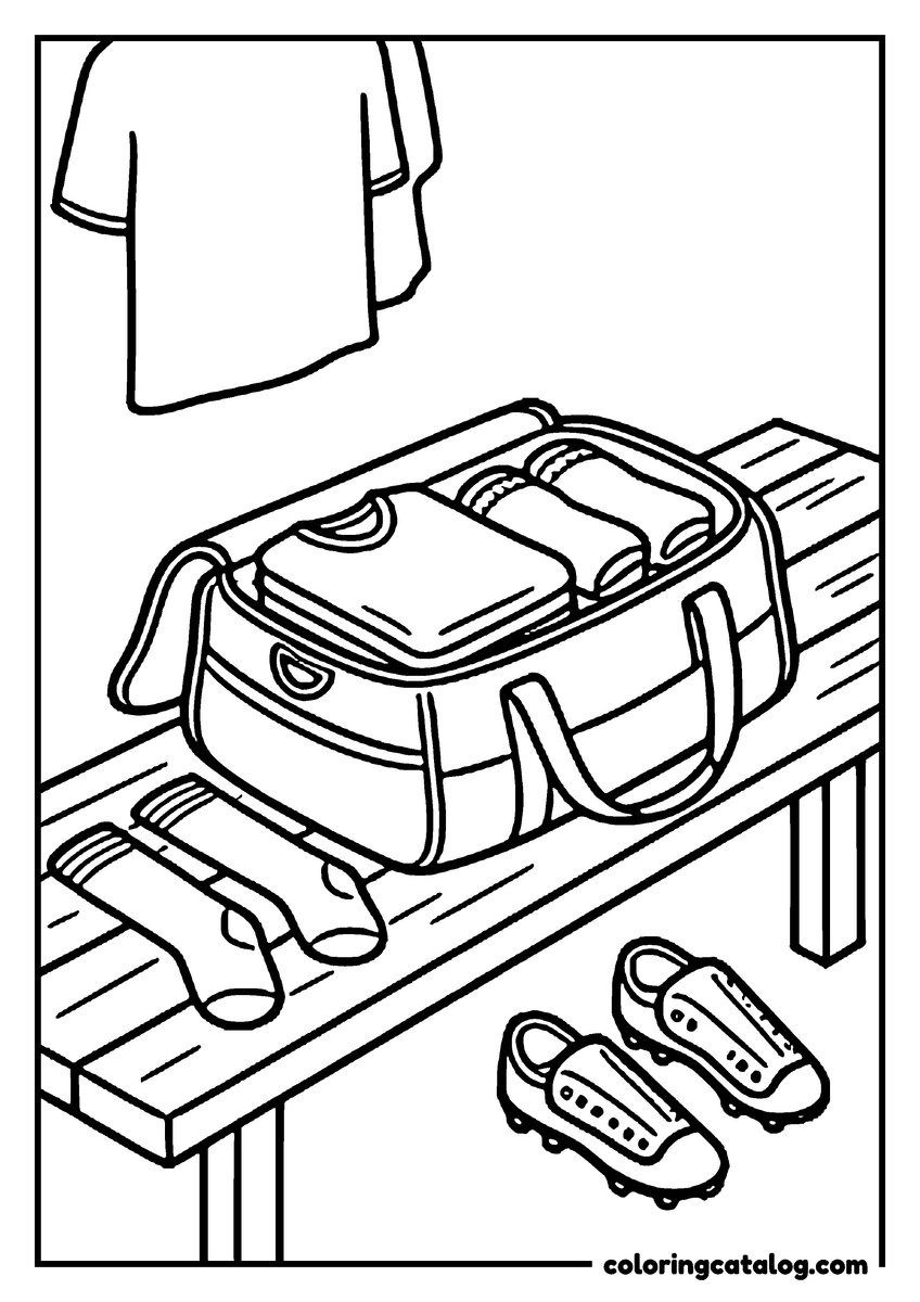 Free Soccer coloring sheet: An open kit bag packed with a folded shirt on a changing room bench, socks and shin pads beside it, boots below and a shirt on a hook
