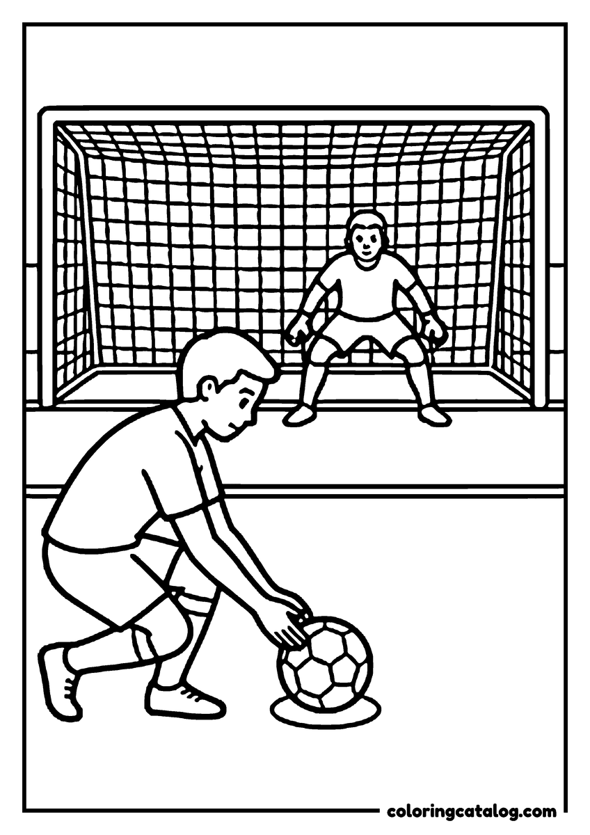 Soccer coloring page: A player setting the ball down on the penalty spot while the goalkeeper crouches ready on his line