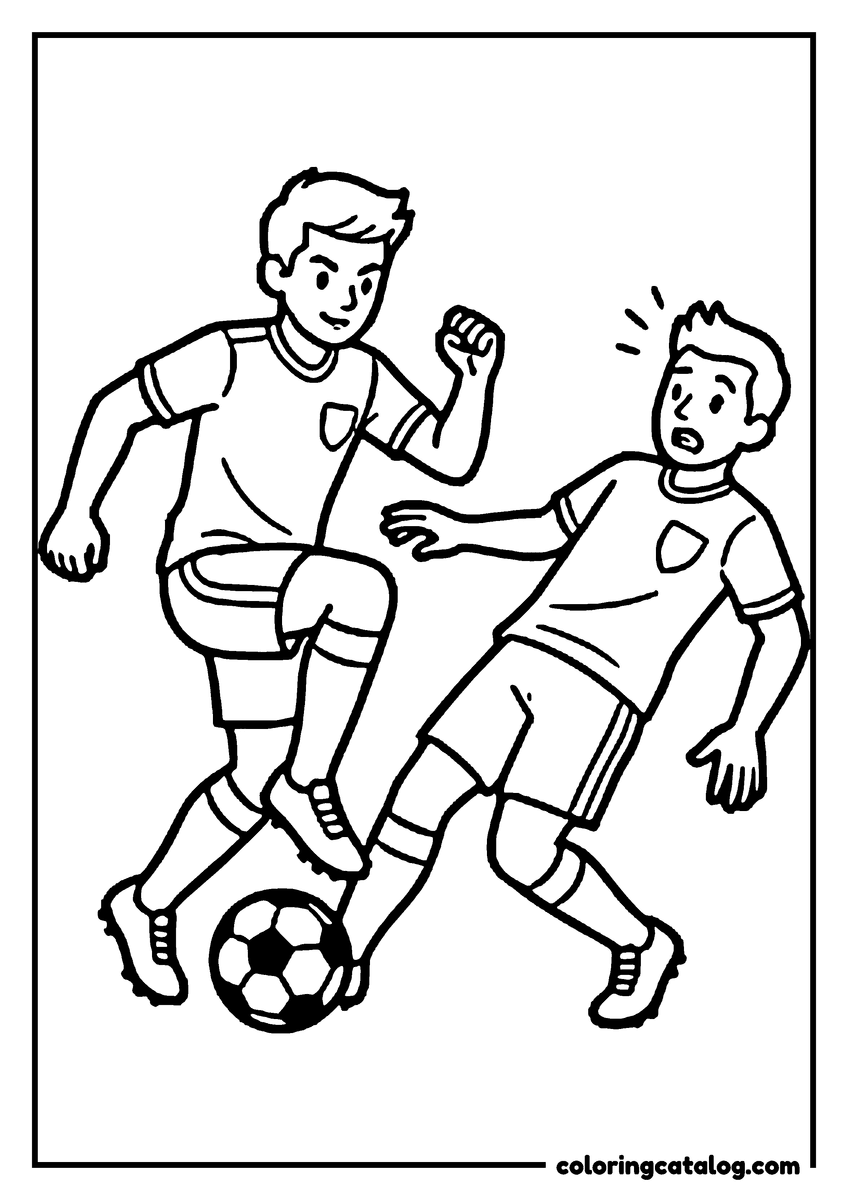 Soccer coloring page: A player stepping over the ball as a defender leans the wrong way and loses his balance