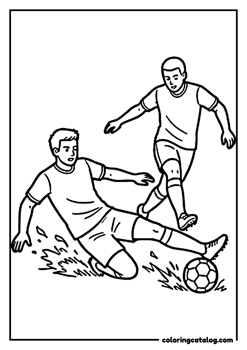 Free Soccer coloring sheet: A player sliding in to tackle, the ball skidding away and clumps of turf flying up behind him