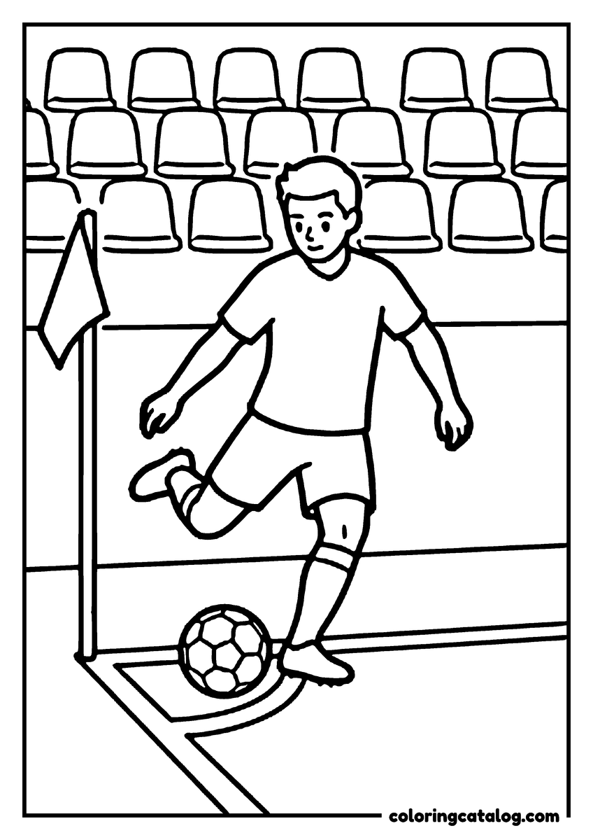 Printable Soccer coloring page: A player running up to take a corner kick beside the corner flag, rows of empty stadium seats behind