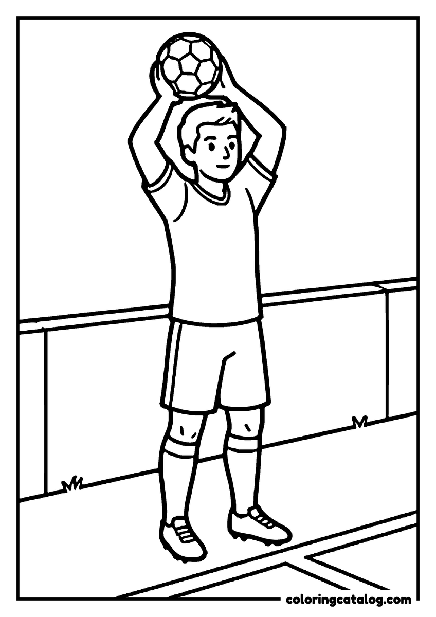 Printable Soccer coloring page: A player on the sideline holding the ball in both hands behind his head, about to take a throw-in