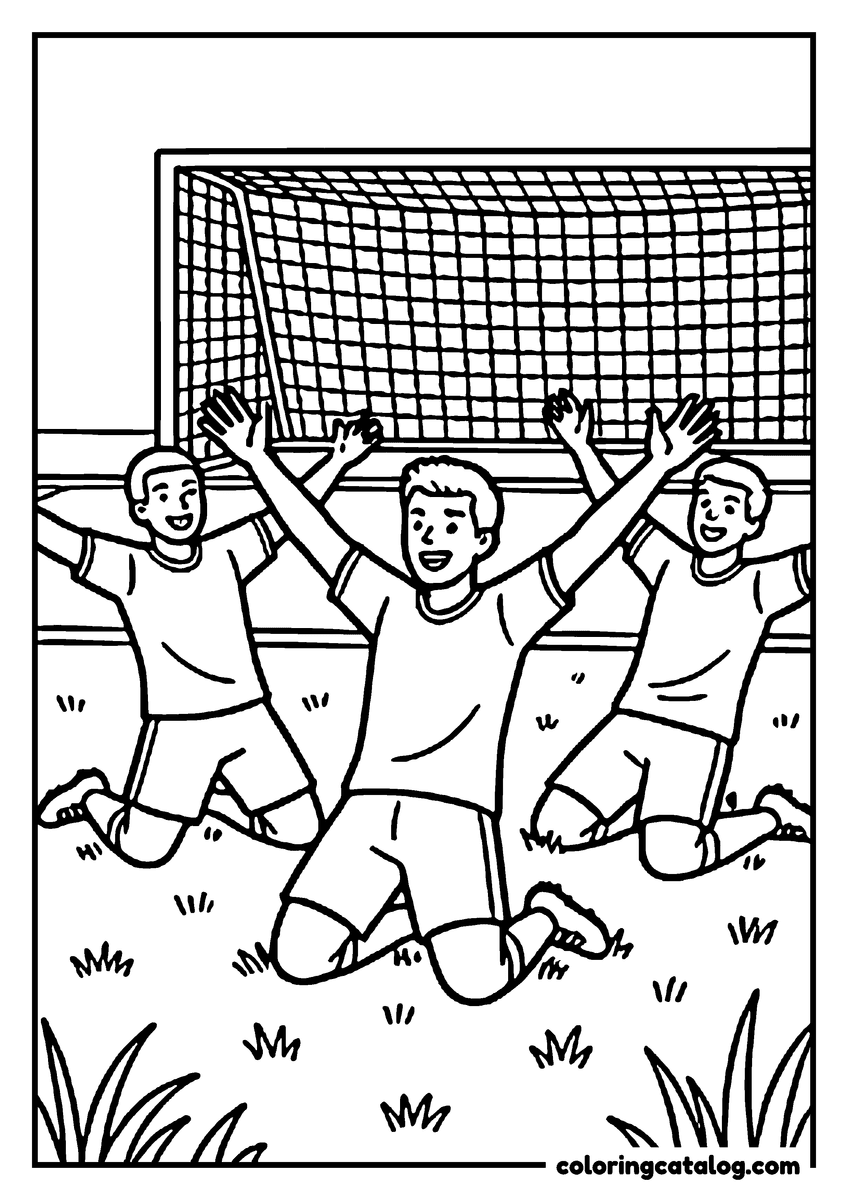 Free Soccer coloring sheet: Three players sliding on their knees across the grass with their arms spread wide to celebrate a goal