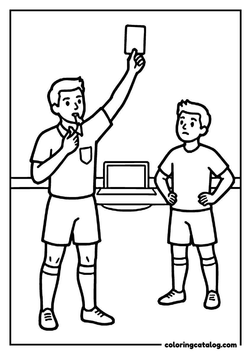 Printable Soccer coloring page: A referee with a whistle in his mouth holding a card high above his head while a player stands with his hands on his hips