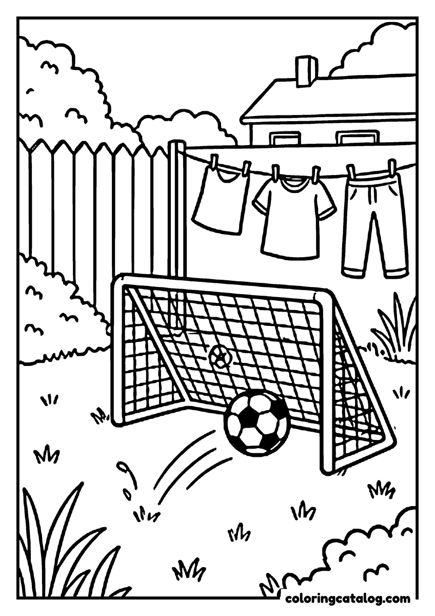 Soccer coloring page: A ball rolling into a small goal in a backyard, laundry hanging on a washing line behind the fence