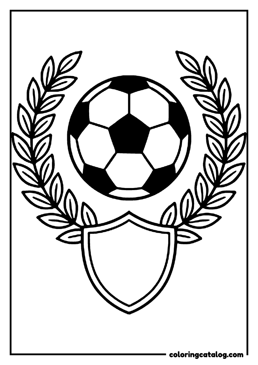 Coloring page: A soccer ball framed by a laurel wreath with a plain shield below, like a club badge