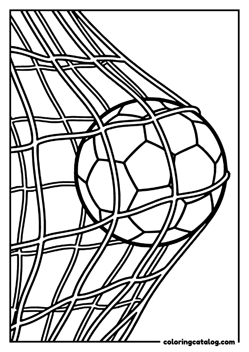 Printable coloring page: A soccer ball bulging into the back of the goal net, the netting stretched in wide folds around it