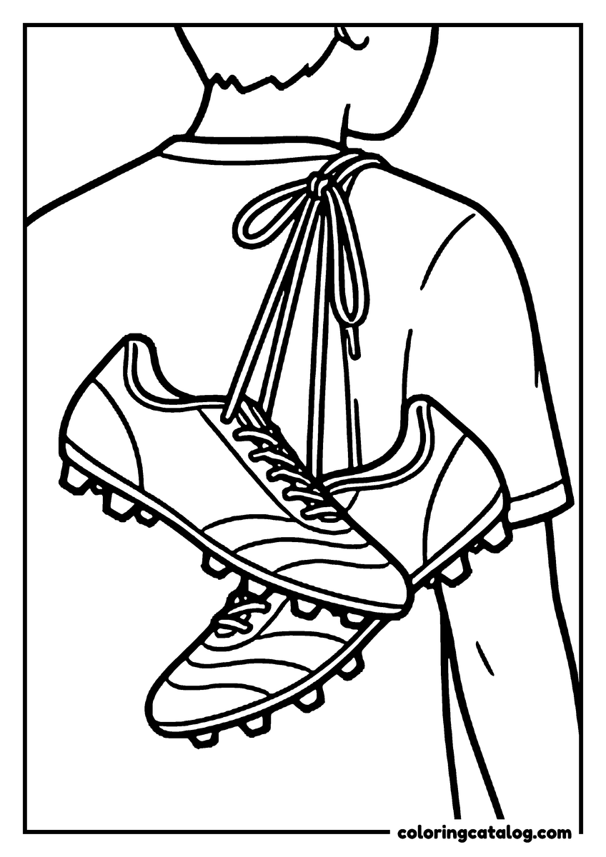 Coloring page: A pair of soccer boots tied by their long laces and hung over a player's shoulder, the studs showing underneath