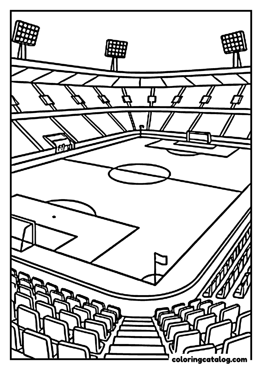 Coloring page: A soccer stadium seen from high in the stands, the whole field with its markings below and floodlights on the roof