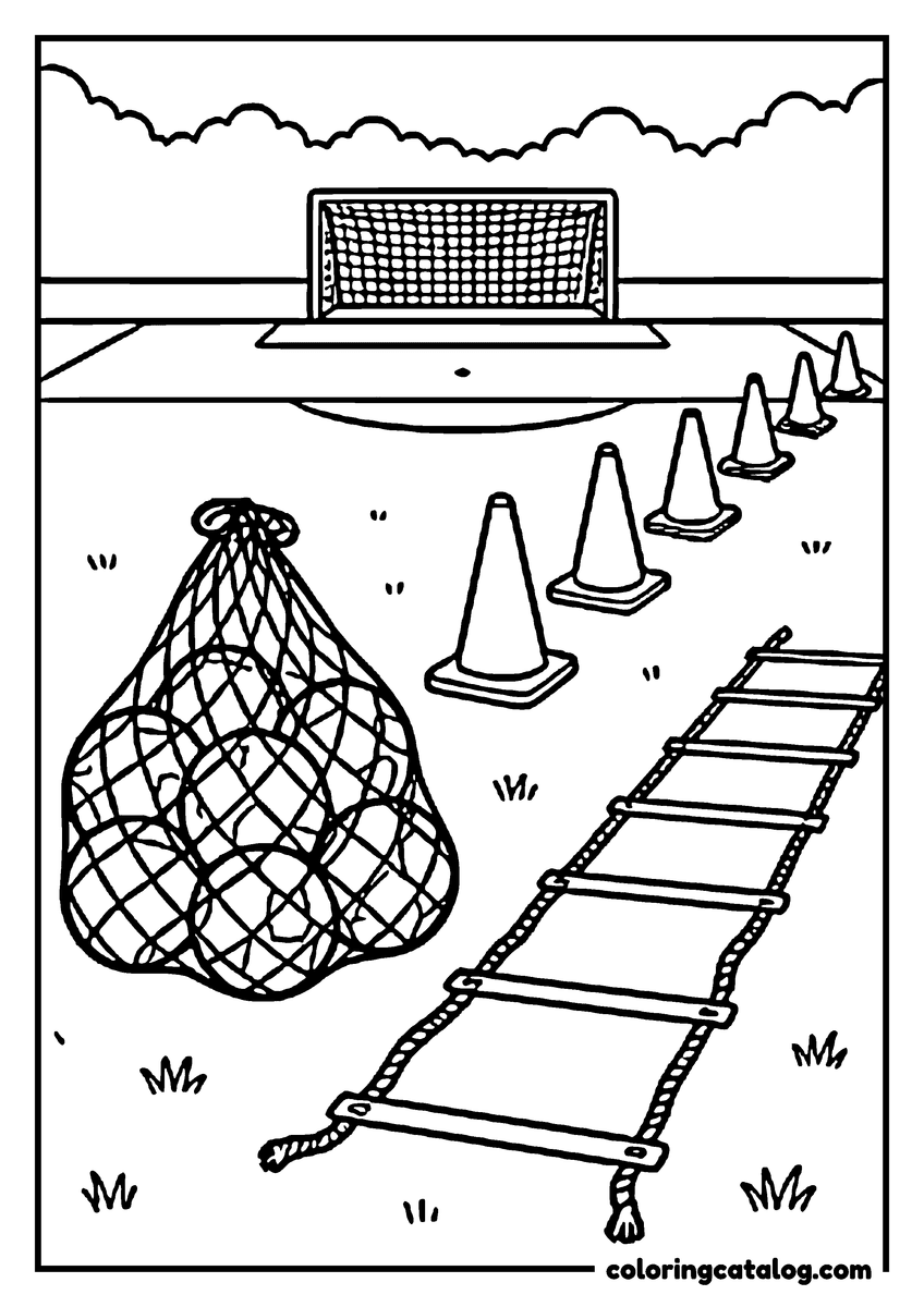 Free printable coloring sheet: A net bag full of soccer balls beside an agility ladder and a row of cones on a practice field, a goal in the distance