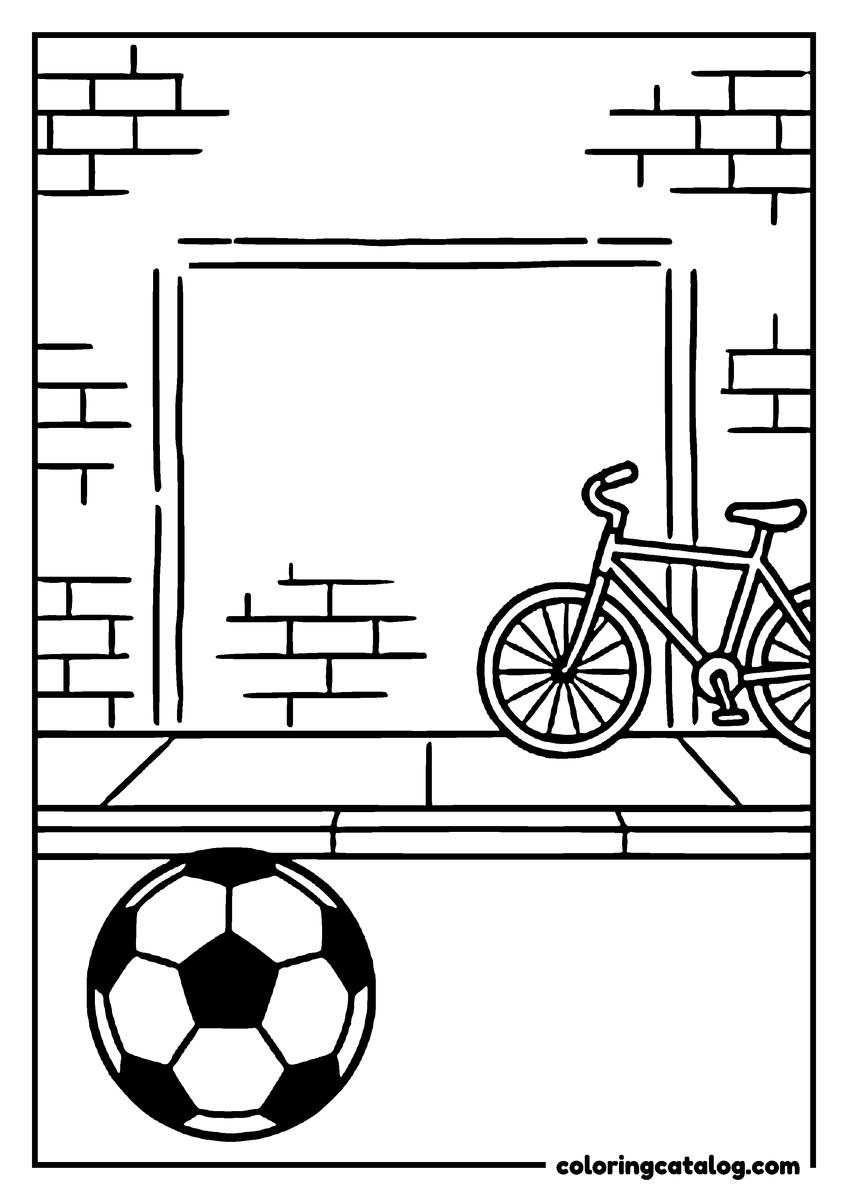 Printable coloring page: A goal chalked on a brick wall in a quiet street, a soccer ball in front and a bicycle leaning nearby