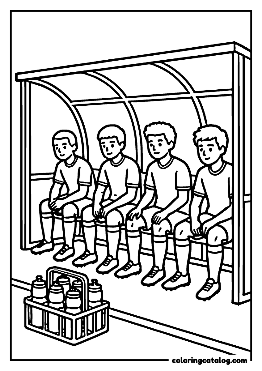 Soccer coloring page: A row of substitutes sitting under the curved roof of a dugout, a crate of water bottles in front of them