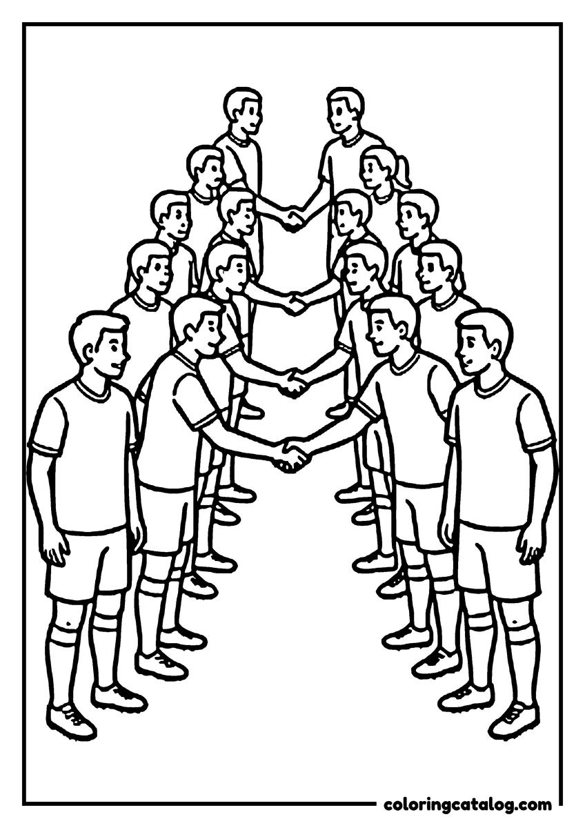 Coloring page: Two soccer teams filing past each other in two lines, shaking hands before kick off