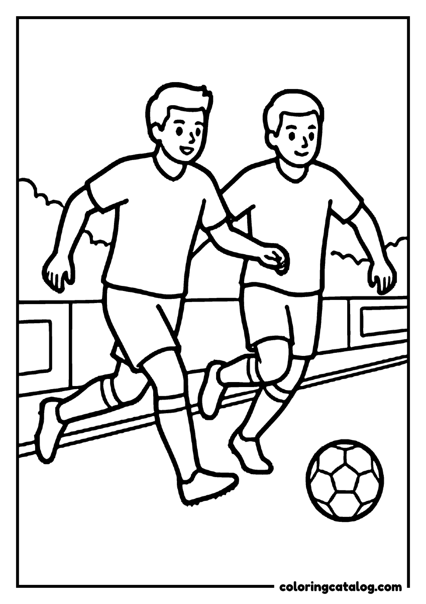 Soccer coloring page: Two players running shoulder to shoulder after a loose ball down the sideline