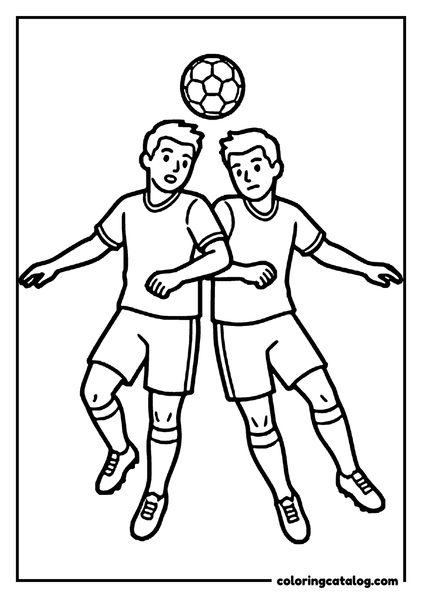 Printable Soccer coloring page: Two players rising side by side with their arms out to head the ball high above them