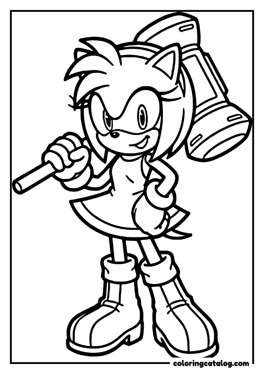 Printable Sonic coloring page: Amy Rose holding her giant hammer over her shoulder with both hands, smiling in her dress and boots