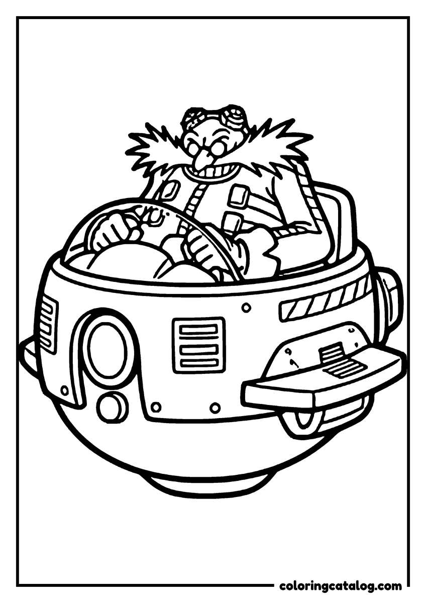 Printable Sonic coloring page: Doctor Eggman leaning out of his round flying pod, which hangs in the air on a plain background