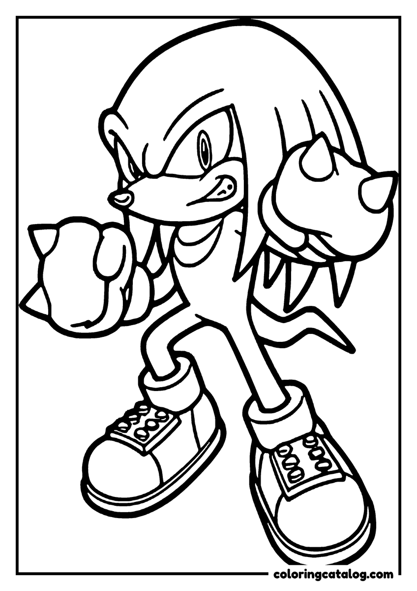 Sonic coloring page: Knuckles the Echidna standing with both spiked fists raised, ready to fight