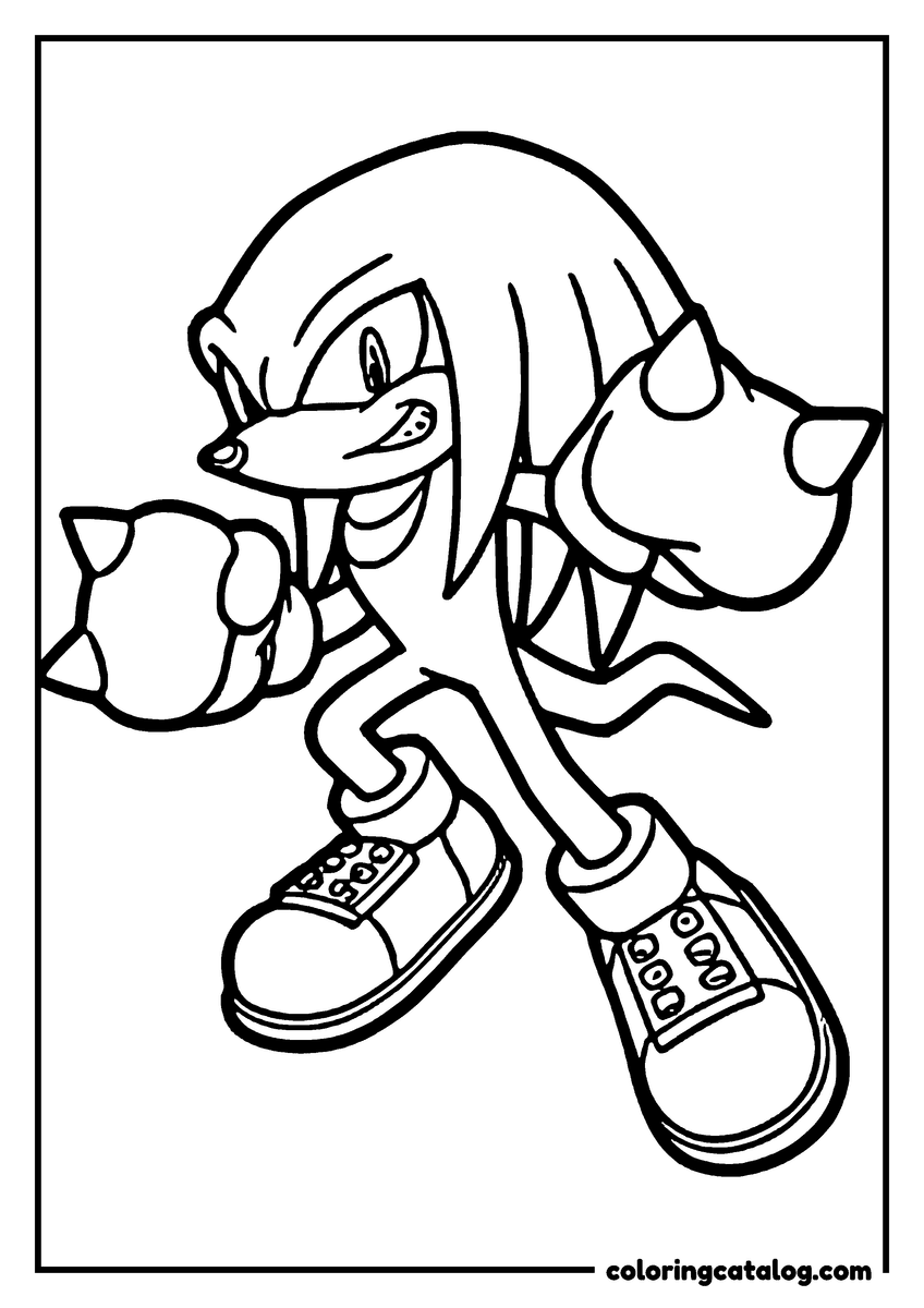 Sonic coloring page: Knuckles the Echidna running forward with his spiked fists out, on a plain background