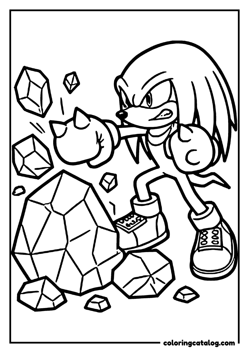 Free Sonic coloring sheet: Knuckles the Echidna smashing a boulder with his fist, chunks of rock and gems flying around him