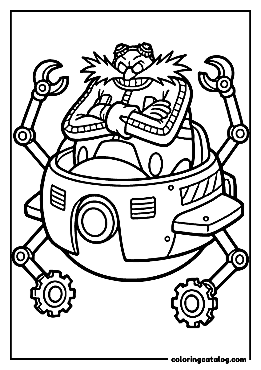 Free Sonic coloring sheet: Doctor Eggman sitting with his arms crossed in his round walking machine, claw arms out on either side and gears below
