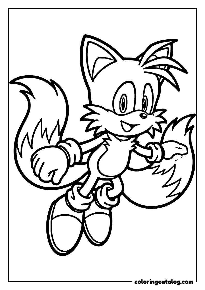 Printable Sonic coloring page: Tails the fox jumping in the air holding a ball, his two tails curling behind him