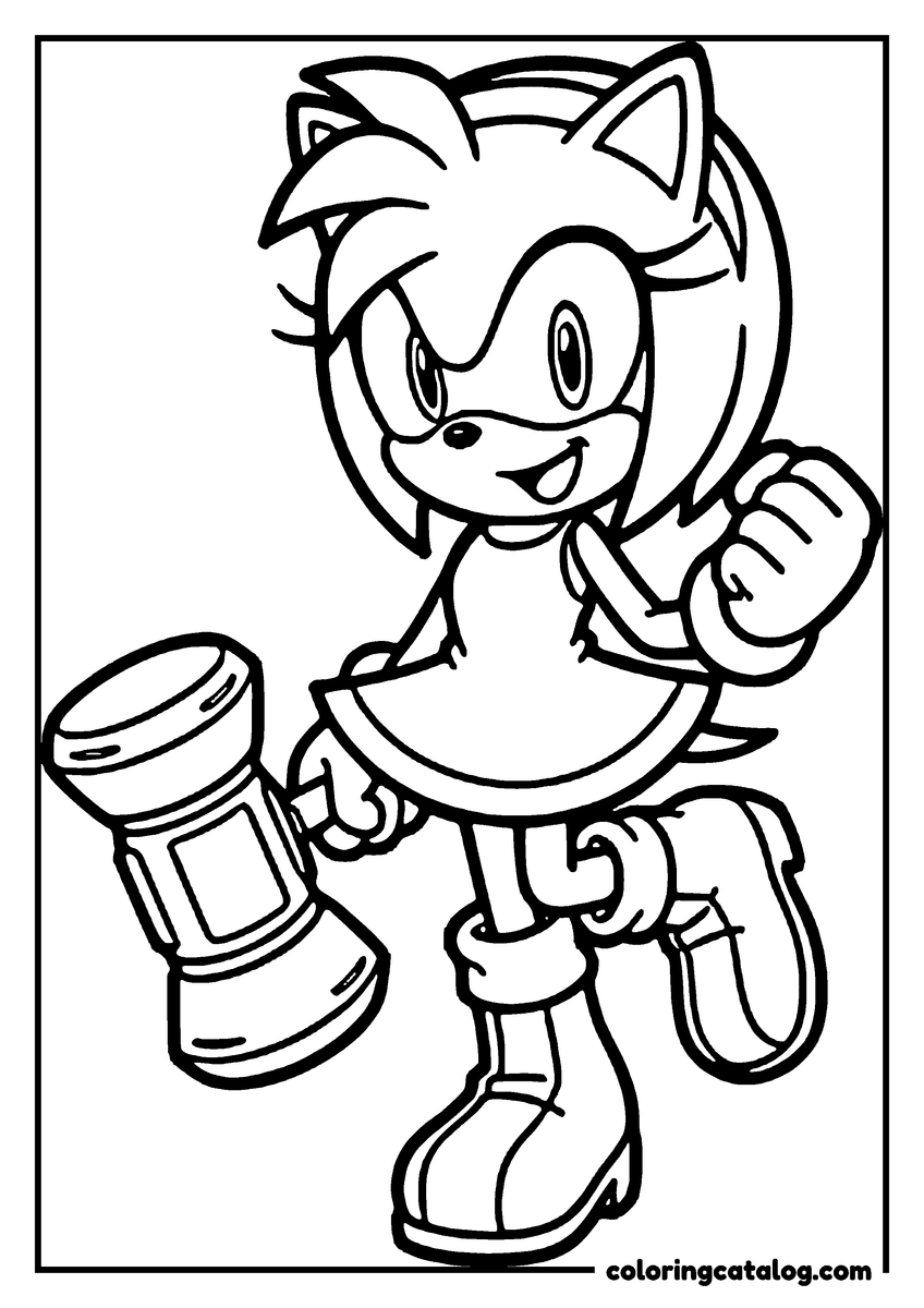 Sonic coloring page: Amy Rose swinging her giant hammer at her side, one fist raised
