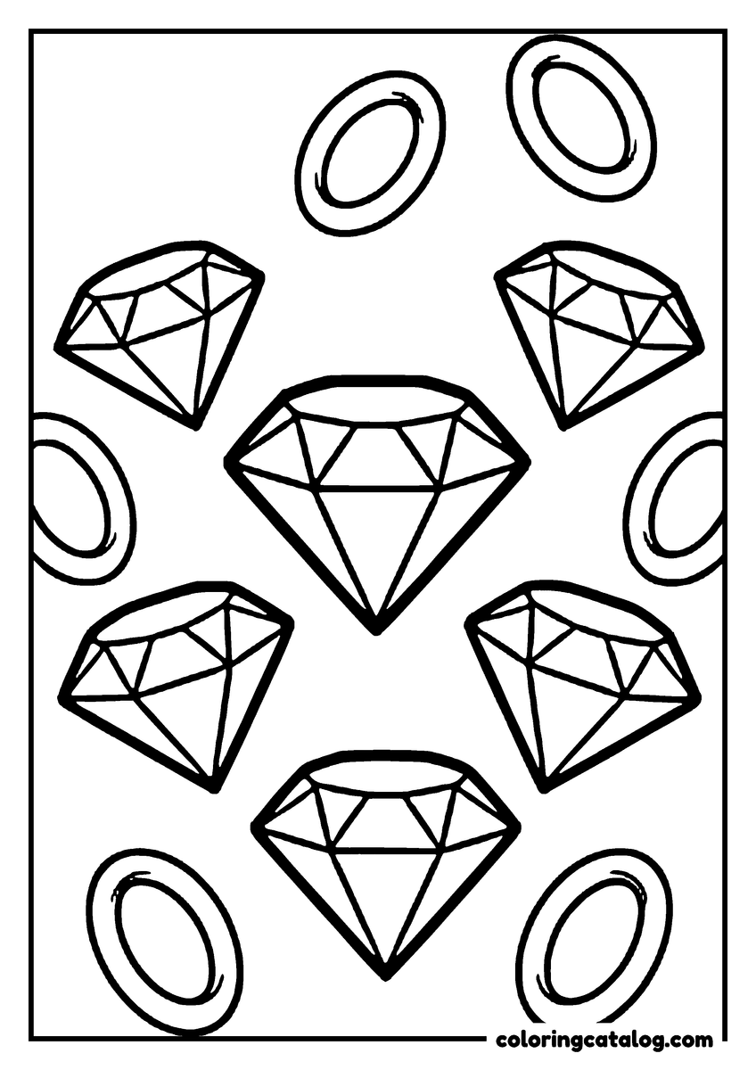 Printable Sonic coloring page: Seven cut Chaos Emeralds of different sizes floating among four rings on a plain background