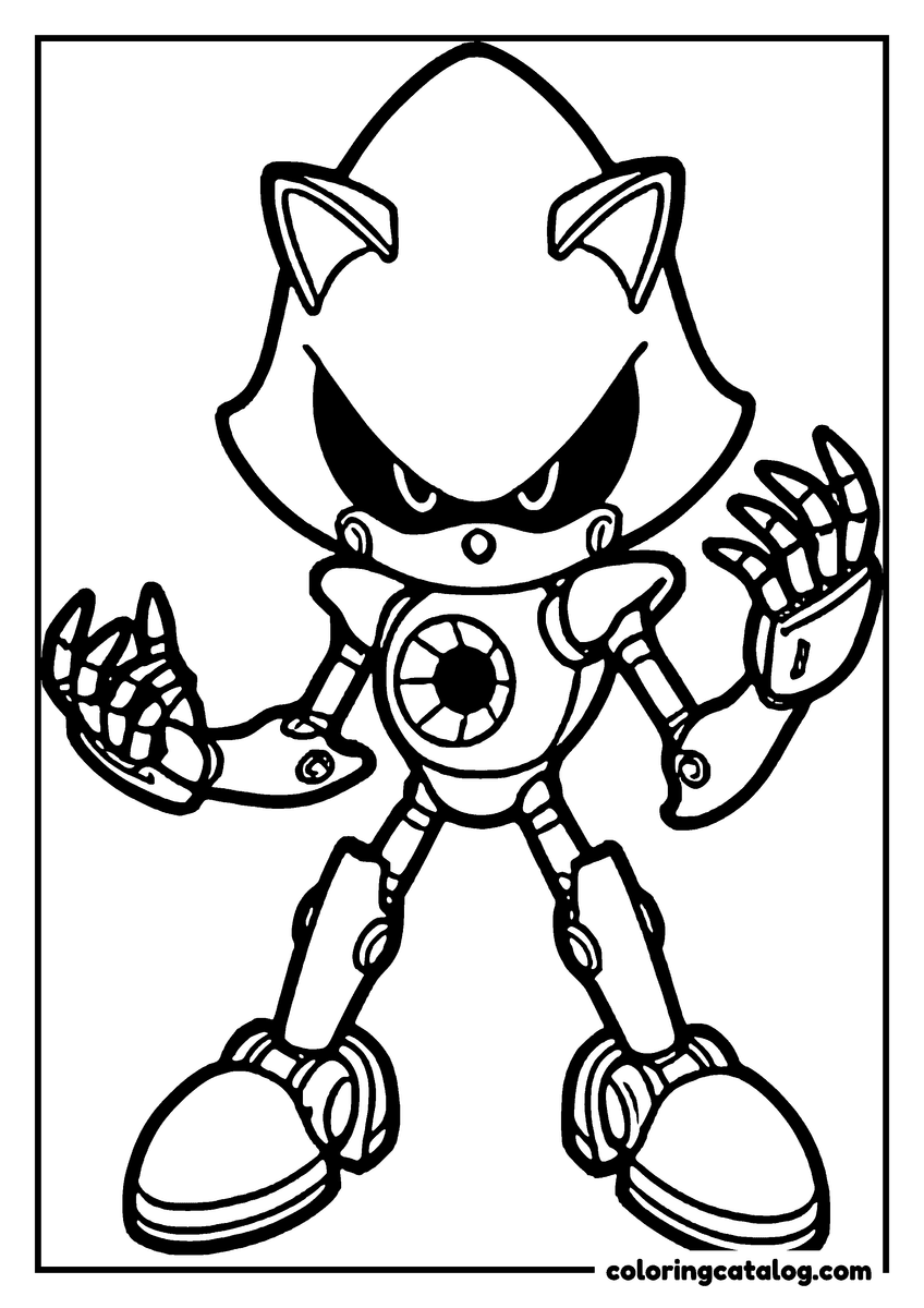 Printable coloring page: Metal Sonic standing with his clawed hands spread, panels and joints picked out over his whole body