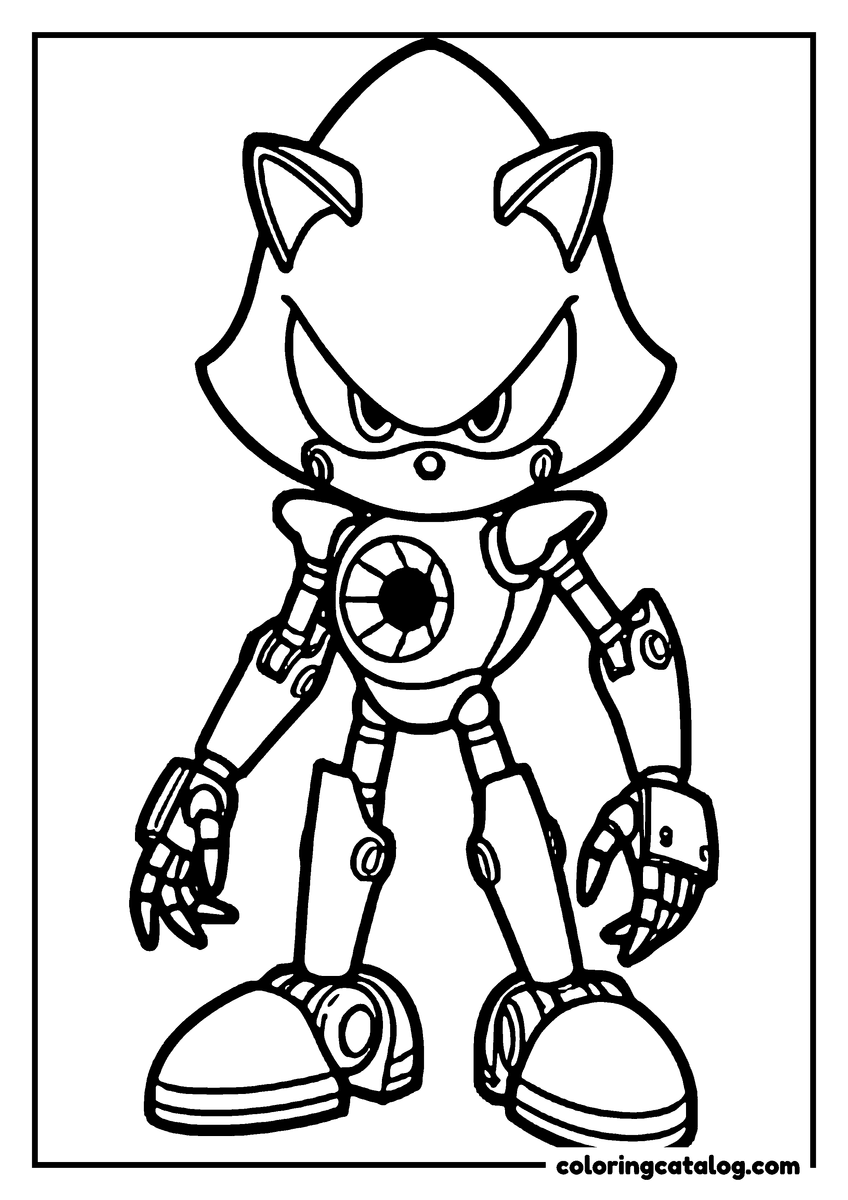 Free printable coloring sheet: Metal Sonic standing head on, arms at his sides, his engine port and jointed panels drawn in detail